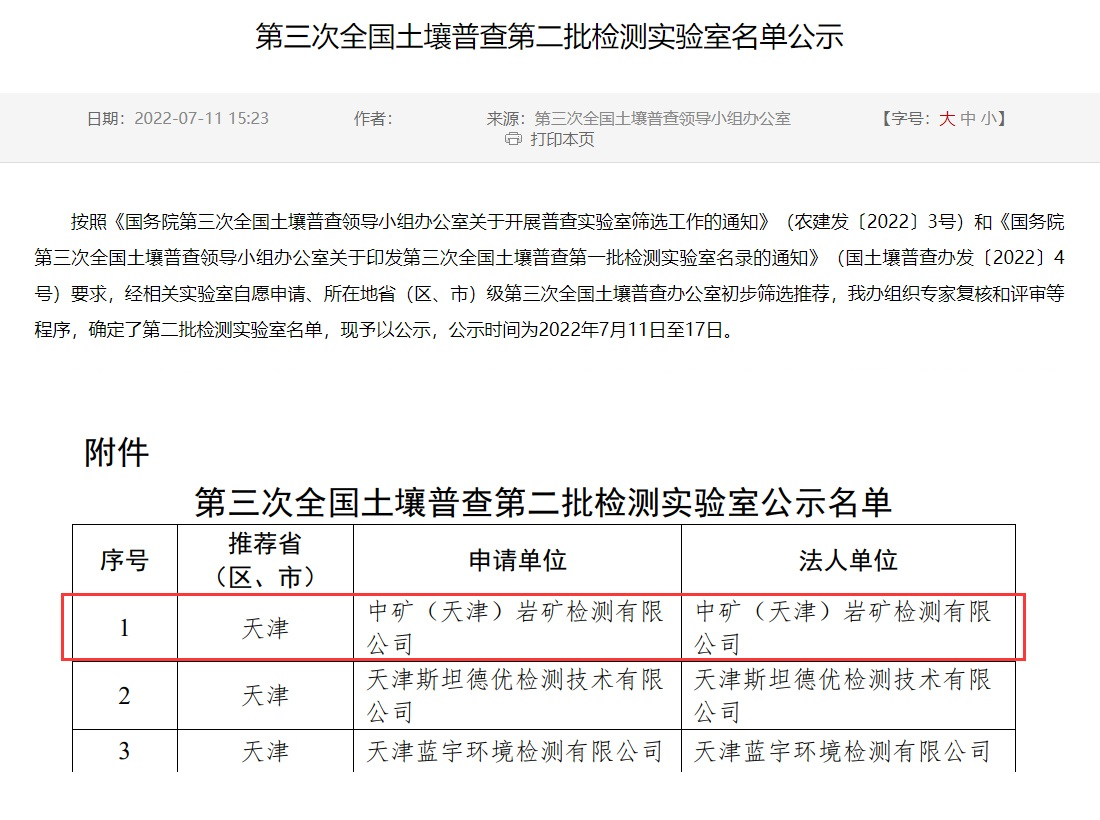 乐鱼com（天津）岩矿检测有限公司入选第三次全国土壤普查实验室名录